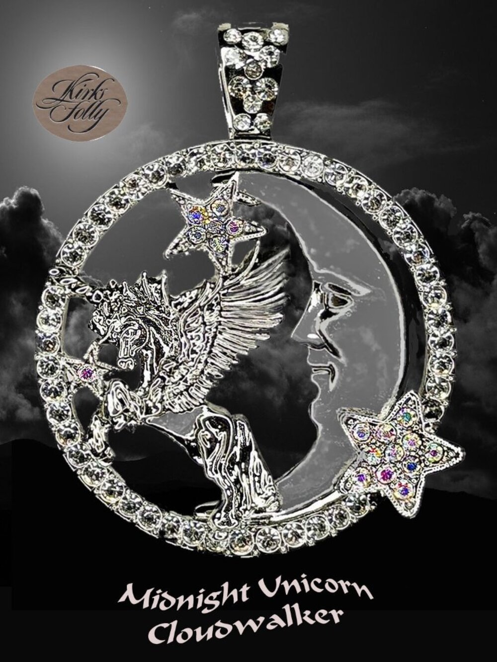 KIRKS FOLLY Moonlight 𝑪𝒍𝒐𝒖𝒅𝒘𝒂𝒍𝒌𝒆𝒓 Unicorn Foldover Pendant silvertone